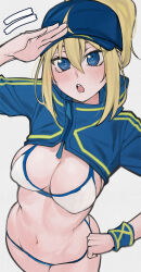 1girl :o absurdres ahoge artoria_pendragon_(fate) baseball_cap bikini blonde_hair blue_bikini blue_hair blue_hat blue_shrug blush breasts cleavage cowboy_shot fate/grand_order fate_(series) hair_between_eyes hair_through_headwear hand_on_own_hip hand_up hat highres kamisato_sora large_breasts looking_at_viewer multicolored_bikini mysterious_heroine_xx_(fate) navel open_mouth short_hair simple_background solo stomach swimsuit teeth two-tone_bikini upper_teeth_only white_background white_bikini zipper zipper_pull_tab