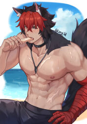 1boy abs absurdres animal_ears bandaged_arm bandages beach black_choker blue_sky blush choker dog_boy ear_piercing food highres jacket jewelry kirene88 komano_manato large_pectorals multicolored_hair muscular muscular_male necklace nipples pectorals piercing popsicle red_eyes scar scar_on_face short_hair sky solo tail zenless_zone_zero