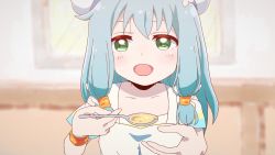 1girl 28meronpan apron beret blue_hair blurry blurry_background bracer commentary endro! feeding female_focus food green_eyes hat incoming_food looking_at_viewer meiza_endust pov solo soup spoon
