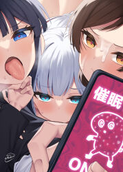 Rule 34 | 1boy, 3girls, binsen, black hair, blue eyes, blush, brown eyes, brown hair, cellphone, chupacabra (idolmaster), closed mouth, cum, cum on body, facial, fellatio, grey hair, heart, heart-shaped pupils, hetero, highres, holding, holding phone, hypnosis, hypnosis app, idolmaster, idolmaster million live!, idolmaster million live! theater days, kitazawa shiho, looking at viewer, mind control, mogami shizuka, multiple girls, open mouth, oral, phone, pov, pov hands, saliva, shiraishi tsumugi, signature, smartphone, symbol-shaped pupils, tongue, tongue out