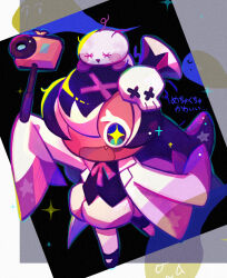 Rule 34 | + +, 1girl, akibevillage, black garlic cookie, black hair, black shoes, blue eyes, coat, colored tips, commentary request, cookie run, cookie run: ovenbreak, fang, from above, full body, hair ornament, hair over one eye, highres, holding, lapels, long hair, long sleeves, looking at viewer, multicolored hair, open clothes, open coat, open mouth, selfie stick, shoes, simple background, skull hair ornament, sleeves past fingers, sleeves past wrists, smile, solo, translation request, two-tone hair, white coat, white hair, wishy stuffington, x hair ornament, yellow pupils