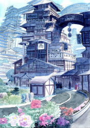 6+others architecture bridge building bush city cityscape day east_asian_architecture flower graphite_(medium) highres kyuui multiple_others original outdoors painting_(medium) path people plant road road_sign scenery sign sky street traditional_media tree watercolor_(medium)