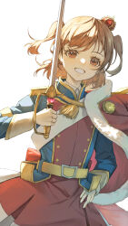 1girl absurdres aiguillette aijou_karen badge belt belt_buckle blue_jacket brown_eyes brown_hair buckle buttons chinese_commentary collared_jacket collared_shirt commentary_request cowboy_shot crown epaulettes fur-trimmed_jacket fur_trim glint grin hand_on_own_hip hand_up highres holding holding_sword holding_weapon jacket jacket_on_shoulders long_sleeves looking_at_viewer making-of_available mini_crown multicolored_jacket possibility_of_puberty_(sword) red_jacket red_skirt sash shirt short_hair shoujo_kageki_revue_starlight shoulder_sash simple_background skirt smile solo star_(symbol) sword tassel tilted_headwear tongshan_treeless two_side_up weapon white_background white_sash white_shirt white_sleeve_cuffs yellow_belt yellow_trim