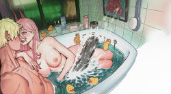 1184269336 1boy 1girl absurdres alternate_breast_size bath bathing bathroom bathtub blonde_hair blush breasts chainsaw chainsaw_man collarbone commentary_request completely_nude cup demon_horns denji_(chainsaw_man) fingernails hair_between_eyes hetero highres horns implied_handjob large_breasts leaf long_fingernails long_hair looking_at_another mixed-sex_bathing mole mole_on_breast mug nail_polish nipples nude open_mouth partially_submerged phallic_symbol pink_hair power_(chainsaw_man) red_horns red_nails rubber_duck same-sex_bathing shared_bathing sharp_teeth short_hair sitting smile soap soap_bottle sponge teeth tile_wall tiles toothbrush very_long_hair water wet what