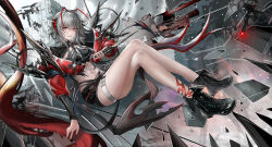1girl absurdres ankle_boots antenna_hair arknights ass belt belt_buckle black_boots black_shorts boots buckle chinese_commentary commentary_request crossed_legs drone fingernails full_body grey_belt grey_hair hair_between_eyes highres holding holding_weapon leather leather_boots long_hair long_sleeves looking_at_viewer midriff minuolin multicolored_hair navel off_shoulder open_mouth red_hair shards short_shorts shorts solo sparkle streaked_hair thigh_belt thigh_strap w_(arknights) weapon yellow_eyes