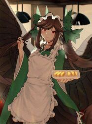 1girl :3 alternate_costume alternate_hairstyle apron black_ribbon black_skirt black_wings blush bow brown_hair cake castella_(food) ceiling_light closed_mouth commentary_request cosmos_0131 cowboy_shot enmaided feathered_wings food frilled_apron frills green_bow green_kimono hair_bow hair_ribbon highres holding holding_tray indoors japanese_clothes kimono long_hair looking_at_viewer maid maid_day maid_headdress red_eyes reiuji_utsuho ribbon sidelocks skirt smile solo touhou tray twintails wa_maid white_apron wings