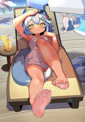 1boy 1girl absurdres animal_ear_fluff animal_ears anus arm_up armpits ass barefoot between_legs blue_hair blue_sky blue_umbrella blush breasts chair cloud collarbone cup day drink drinking_glass drinking_straw feet flower food fruit hair_between_eyes hair_flower hair_ornament hairclip halo hand_up highres innertube knee_up lemon lemon_slice looking_at_viewer lounge_chair lying male_swimwear multicolored_hair multicolored_halo naked_towel ocean on_back original outdoors pool poolside rainbow rainbow_halo sakurami_sumi shading_eyes short_hair sitting sky small_breasts smile soles solo_focus swim_ring tail tail_between_legs tan tanline thick_eyebrows toes towel two-tone_hair two-tone_umbrella umbrella white_hair white_umbrella wooden_floor yellow_eyes