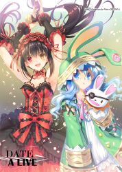 2girls animal_hood artist_name bad_id bad_pixiv_id black_hair blue_eyes blue_hair breasts cleavage clock_eyes date_a_live hairband hand_puppet heterochromia hood lolita_fashion lolita_hairband long_hair looking_at_viewer medium_breasts multiple_girls open_mouth puppet red_eyes smile stuffed_animal stuffed_rabbit stuffed_toy symbol-shaped_pupils tokisaki_kurumi trianon twintails uneven_twintails watermark web_address yellow_eyes himekawa_yoshino yoshinon