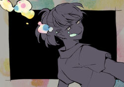 1girl abstract_background black_background bubble greyscale_with_colored_background greyscale_with_colored_eyes half-closed_eyes ine_(goin) leaning_back looking_at_viewer lowered_eyelids open_mouth persona persona_3 persona_3_portable ponytail shiomi_kotone shirt smile symbolism