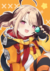 Rule 34 | 1girl, diamond (minecraft), fingerless gloves, gigi murin, gloves, highres, hololive, hololive english, hood, hoodie, kyuzuki89, light smile, multicolored hair, orange background, orange hoodie, orange nails, orange shrug, orange thighhighs, purple eyes, sharp teeth, shirt, short twintails, t-shirt, teeth, thighhighs, twintails, two-tone hair, virtual youtuber, zipper pull tab