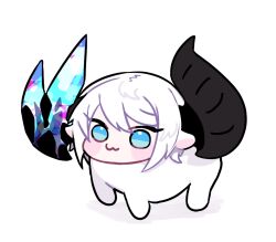 1girl :3 animal_ears asymmetrical_horns black_horns blue_eyes broken_horn cow_ears cow_horns crystal crystal_horns doro_(nikke) horns huge_horns mato_tsuyoi mismatched_horns opal_(gemstone) original short_hair simple_background white_background white_hair yamada_vanhouten_(mato_tsuyoi)