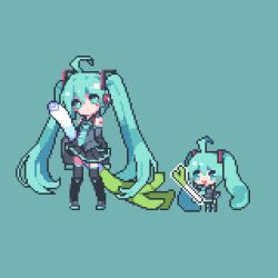 2girls ahoge aqua_background aqua_eyes aqua_hair aqua_necktie aqua_theme black_boots black_skirt boots chibi chinese_commentary commentary_request dual_persona food full_body grey_shirt hatsune_miku highres holding holding_food holding_spring_onion holding_vegetable kumenmi long_hair multiple_girls necktie oversized_food oversized_object pixel_art shirt skirt sleeveless sleeveless_shirt spring_onion standing thigh_boots twintails vegetable very_long_hair vocaloid