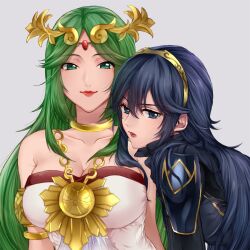 2girls armor bare_shoulders blue_eyes blue_hair breasts chain closed_mouth crossover dress fire_emblem fire_emblem_awakening forehead_jewel green_eyes green_hair jewelry kid_icarus kid_icarus_uprising large_breasts lipstick long_hair looking_at_viewer lucina_(fire_emblem) makeup medium_breasts multiple_girls neck_ring necklace nintendo palutena side-by-side simple_background super_smash_bros. tiara upper_body