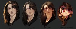 1boy :o absurdres art_shift brown_hair earrings english_text freckles grey_background highres jewelry long_hair male_focus multiple_views original parted_lips photo-referenced pigeon666 realistic red_eyes simple_background