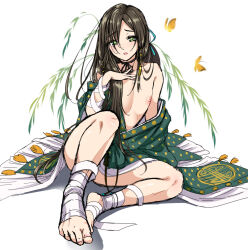 1boy bandaged_leg bandages brown_hair bug butterfly full_body green_eyes gretel_(sinoalice) insect long_hair menokonome nipples polka_dot_robe simple_background sinoalice trap white_background