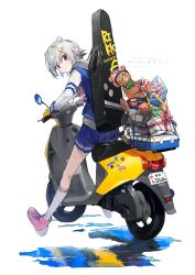 1girl blue_jacket blue_skirt bouquet bow bowtie can cevio character_name closed_mouth commentary_request double_bun fingerless_gloves fish_steak flower food from_behind full_body gift gloves grey_hair grey_hoodie guitar_case hair_bun hair_ornament hairclip happy_birthday helmet highres hitogome hood hood_down hoodie instrument_case instrument_on_back jacket kneehighs koharu_rikka lakiston letterman_jacket light_smile long_sleeves looking_back moped motor_vehicle motorcycle_helmet net pink_bow pink_bowtie pleated_skirt pocky puddle reflection reflective_water riding romaji_text salmon shoes short_hair skirt sneakers socks solo sticker stuffed_animal stuffed_toy synthesizer_v teddy_bear toes_up translated white_background white_sleeves white_socks wide_shot yellow_gloves