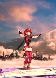 1girl 3d animated backflip boots bouncing_breasts breasts chest_jewel cutscene earrings eyelashes fingerless_gloves gloves happy headpiece jewelry large_breasts looking_at_viewer mirabeau_studios nintendo open_mouth outdoors outstretched_arms pyra_(xenoblade) red_eyes red_hair short_hair short_shorts shorts smile solo standing super_smash_bros. thigh_boots thighhighs tiara video video_game_screencap xenoblade_chronicles_(series) xenoblade_chronicles_2