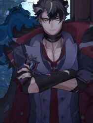 animal aquarium bandaged_arm bandaged_neck bandages black_bandages black_hair blubberbeast_(genshin_impact) bubble coat coat_on_shoulders crossed_arms ear_piercing earrings flippers fur-trimmed_coat fur_trim genshin_impact grey_eyes grey_vest highres horns jewelry lapels looking_at_viewer male_focus multicolored_hair necktie piercing red_necktie scar scar_on_neck seal_(animal) streaked_hair stud_earrings two-sided_coat two-sided_fabric underwater user_ykxc2758 vest wriothesley_(genshin_impact) yellow_horns