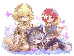 3girls :3 :d aglaea_(honkai:_star_rail) animal_ear_fluff animal_ear_hood animal_ears artist_name black_bow black_hood blanket blonde_hair blue_eyes blush bow bug butterfly cat_ears cat_girl cat_tail cipher_(honkai:_star_rail) closed_eyes closed_mouth commentary commentary_request cross-shaped_pupils csyday dress english_commentary fake_animal_ears floating flower green_eyes grey_hair hair_between_eyes hair_flower hair_ornament hair_over_one_eye hand_on_another&#039;s_head holding holding_blanket honkai:_star_rail honkai_(series) hood hood_up insect long_hair looking_at_another lying mixed-language_commentary multiple_girls on_side open_mouth purple_butterfly seiza signature sitting sleeping smile symbol-shaped_pupils tail trianne_(honkai:_star_rail) white_background white_flower zzz
