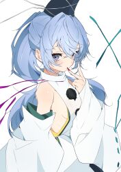 1girl absurdres blue_eyes blue_hair blue_hat breasts crossed_bangs detached_sleeves fingernails hair_between_eyes hair_intakes hat high_ponytail highres japanese_clothes kariginu long_hair looking_at_viewer medium_breasts mononobe_no_futo pom_pom_(clothes) ponytail red_nails ribbon-trimmed_sleeves ribbon_trim sideboob solo tate_eboshi touhou unanooo_(fthx7532) v white_background wide_sleeves
