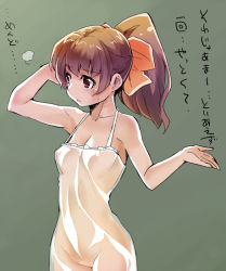 1girl blush breasts brown_hair female_focus green_background hair_ribbon kubocha lingerie negligee original ponytail red_eyes ribbon see-through_clothes simple_background small_breasts solo translation_request underwear