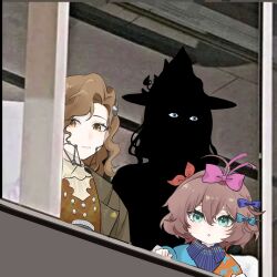 3girls :o ahoge blue_bow blue_dress blue_eyes bow braces brown_eyes brown_hair coat dress eyed_silhouette flutterpage from_outside grey_coat hair_bow hat highres jewelry long_hair looking_at_viewer looking_outside meme multiple_girls multiple_hair_bows necklace purple_bow qiucaotou red_dress reverse:1999 short_hair silhouette smile tooth_fairy_(reverse:1999) tooth_necklace upper_body willow_(reverse:1999) window witch_hat