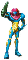 1girl absurdres arm_cannon arm_spikes arm_up assault_visor blue_bodysuit blue_visor bodysuit facing_viewer full_body fusion_suit hand_on_own_hip helmet highres looking_at_viewer metroid metroid_fusion nintendo official_art power_suit_(metroid) samus_aran simple_background solo standing weapon white_background