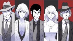 Rule 34 | 1girl, 4boys, arsene lupin iii, beard, black background, black hair, earrings, facial hair, fedora, goekakisan (adelma), greyscale, grin, hakama, hat, hat over eyes, highres, ishikawa goemon xiii, jacket, japanese clothes, jewelry, jigen daisuke, lupin iii, mine fujiko, monochrome, multiple boys, necktie, one eye closed, red background, short hair, sideburns, smile, zenigata kouichi