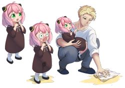 1boy 1girl surprised anya_(spy_x_family) black_dress black_footwear blonde_hair blush carrying cleaning denim dress father_and_daughter green_eyes highres holding jeans loafers loli looking_at_another looking_down magicball medium_hair messy_hair open_mouth pants peeing peeing_self pink_hair puddle cleaning_rag scared shirt shoes short_hair simple_background slippers socks spy_x_family squatting tears twilight_(spy_x_family) wavy_eyes white_background white_shirt