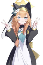 1girl absurdres blonde_hair blue_archive blue_eyes double_v halo highres long_hair looking_at_viewer mari_(blue_archive) simple_background solo standing takasu_ponu v white_background yellow_halo