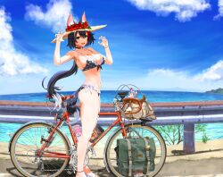 1girl absurdres akaharu_yugama animal_ear_fluff animal_ears bare_shoulders beach bicycle bikini black_hair blue_sky blush breasts claw_pose cloud commentary_request day ears_through_headwear frilled_bikini frills full_body hair_between_eyes hair_ornament hairclip hat highres hololive long_hair looking_at_viewer multicolored_hair navel ookami_mio open_mouth outdoors red_hair scenery sky smile solo standing streaked_hair sun_hat swimsuit tail virtual_youtuber water wolf_ears wolf_girl wolf_tail yellow_eyes