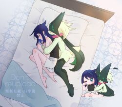 1girl barefoot black_hair chibi chibi_inset closed_eyes closed_mouth commentary cowlick from_above knees liko_(pokemon) long_hair lying meowscarada multiple_views nintendo on_bed on_side pillow pokemon pokemon_(anime) pokemon_(creature) pokemon_horizons rei_hinketsu shirt shorts sleeping sleeveless sleeveless_shirt spooning squeans symbol-only_commentary watermark