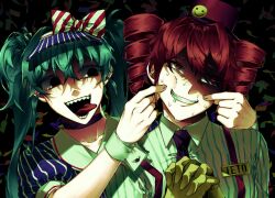 Rule 34 | 2girls, androgynous, aqua hair, black background, black eyes, black necktie, blue hair, bow, cheek pinching, collarbone, collared dress, collared shirt, commentary, confetti, diagonal-striped bow, dress, drill hair, flat chest, grin, hair between eyes, hands up, hat, hat bow, hatsune miku, highres, interlocked fingers, kasane teto, kepi, kimiseung08, looking at another, mesmerizer (vocaloid), military hat, multiple girls, necktie, own hands together, pinching, pinstripe dress, pinstripe hat, pinstripe pattern, puffy short sleeves, puffy sleeves, red bow, red eyes, red hair, red hat, sailor collar, saliva, shaded face, sharp teeth, shirt, short sleeves, smile, smiley hat ornament, solid circle eyes, striped clothes, striped shirt, suspenders, sweat, teeth, tongue, tongue out, twin drills, two-tone bow, upper body, utau, vocaloid, white bow, white sailor collar, white wrist cuffs, wing collar, wrist cuffs