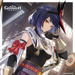 1girl :| absurdres asymmetrical_sidelocks bird_mask black_bodysuit black_gloves black_hair bodysuit breast_curtain breasts closed_mouth expressionless genshin_impact gloves hair_ornament highres japanese_clothes jewelry kujou_sara mask mask_on_head medium_breasts official_art red_mask short_hair solo target tengu upper_body yellow_eyes