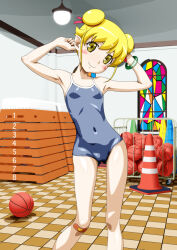 1girl bandaid bandaid_on_knee bandaid_on_leg basketball blonde_hair blush_stickers bracelet breasts cameltoe carinae ceiling ceiling_light checkered_floor closed_mouth commentary_request covered_erect_nipples covered_navel double_bun grey_one-piece_swimsuit hair_bun hair_ribbon hands_up head_tilt highres indoors jewelry loli monogatari_(series) one-piece_swimsuit oshino_shinobu pink_ribbon ribbon short_hair smile solo stained_glass standing swimsuit traffic_cone vaulting_horse yellow_eyes