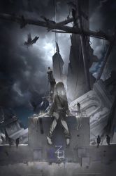 arm_support artist_name backlighting barefoot bento bird cloud cloudy_sky collarbone crow dark expressionless first_aid_kit frown glowing glowing_eyes head_tilt highres jar long_hair looking_at_viewer original pale_skin pants power_lines ruins scenery shirt_slip signature sitting sky spoon sunlight torn_clothes torn_pants twintails zeixique