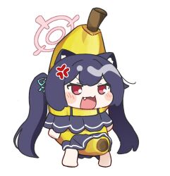 1girl anger_vein animal_ear_fluff animal_ears banana banana_costume bikini black_bikini black_hair blue_archive blush blush_stickers cat_ears chibi fang food food_costume frilled_bikini frills fruit full_body halo long_hair meme official_alternate_costume open_mouth red_eyes sad_banana_cat_(meme) sasatabekung serika_(blue_archive) serika_(swimsuit)_(blue_archive) simple_background solo standing swimsuit twintails white_background