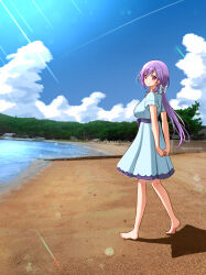 1girl arms_behind_back barefoot beach blue_dress blue_sky blush bow breasts closed_mouth cloud commentary_request cumulonimbus_cloud day dress eyebrows_hidden_by_hair from_side full_body gomasho_asuka hair_between_eyes hair_bow highres large_breasts long_hair looking_at_viewer low_ponytail mizuori_shizuku ocean outdoors photo_background ponytail purple_hair red_eyes short_sleeves sidelocks sky smile solo split_mouth standing summer_pockets sunlight twitter_username v_arms white_bow