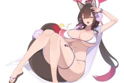 1girl absurdres animal_ear_fluff animal_ears bare_legs bead_bracelet beads bikini black_hair blue_archive blush bracelet breasts cleavage colored_inner_hair cup drink flip-flops flower fox_ears fox_tail hair_flower hair_ornament halo haori highres holding holding_cup holding_drink huge_breasts japanese_clothes jewelry kurowanjjyang looking_at_viewer low_twintails multicolored_hair navel official_alternate_costume official_alternate_hairstyle open_mouth purple_flower red_hair red_halo sandals solo stomach swimsuit tail teeth toes twintails two-tone_hair upper_teeth_only wakamo_(blue_archive) wakamo_(swimsuit)_(blue_archive) white_bikini white_haori yellow_eyes