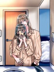 Rule 34 | 2girls, bathroom, bed, black hair, blue eyes, brown hair, brown shirt, cellphone, commentary, hand in pocket, hand on another&#039;s waist, hashtag-only commentary, highres, holding, holding phone, hotel room, indoors, jewelry, kurage (yssk pnd), long hair, long sleeves, multiple girls, original, pajamas, phone, pink eyes, reflection, ring, selfie, shirt, smartphone, taking picture, wedding ring, wife and wife, yuri