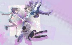 Rule 34 | 3girls, aa-12 (girls&#039; frontline), abstract background, absurdres, ahoge, black gloves, black pantyhose, black shorts, black thighhighs, blush, boots, brown hair, candy, closed mouth, commentary request, food, girls&#039; frontline, girls&#039; frontline 2: exilium, girls&#039; frontline neural cloud, gloves, highres, jacket, lind (girls&#039; frontline 2), lind (neural cloud), lollipop, long hair, lotan, multiple girls, multiple persona, navel, open clothes, open jacket, open mouth, pants, pantyhose, pink background, purple pants, scarf, shorts, thighhighs, white boots, white jacket