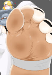 1girl 2024 artist_name belt black_nails blonde_hair borrowed_character breasts brown_belt close-up commentary commission english_commentary female_focus foot_focus foot_up foreshortening garter_straps grey_background grey_hoodie hair_over_one_eye half-closed_eyes heart hku7 hood hood_up hoodie large_breasts locket_white_(bakalorin) mario_(series) nail_polish naughty_face nintendo original panties pantyshot shy_gal simple_background sleeves_past_wrists soles solo swept_bangs thighhighs toenail_polish toenails toes underboob underwear white_mask white_thighhighs