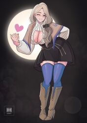 1girl artist_name black_skirt blonde_hair blue_eyes blue_thighhighs blush boots bow breasts cleavage closed_mouth commentary commission english_commentary fire_emblem fire_emblem:_three_houses garreg_mach_monastery_uniform hair_bow hair_over_shoulder heart highres ihsnet large_breasts long_hair long_sleeves looking_at_viewer low_ponytail mercedes_von_martritz nintendo one_eye_closed open_clothes open_shirt ponytail shirt skirt smile solo thighhighs white_shirt