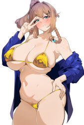 1girl alternate_costume aqua_eyes areola_slip armpits asymmetrical_hair bikini blue_jacket blush braid breasts cleavage clenched_teeth commentary cowboy_shot curvy double-parted_bangs furrowed_brow gold_bikini golden_week_bikini hair_ornament hair_scrunchie hand_on_own_hip highres jacket karja_balta large_breasts large_pasta looking_at_viewer medium_hair micro_bikini navel off_shoulder open_clothes open_jacket parted_lips purple_scrunchie scrunchie side_braid side_ponytail sidelocks simple_background single_braid single_hair_intake skindentation solo standing stomach string_bikini swimsuit teeth v v_over_eye white_background ys ys_x_nordics