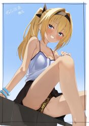 Rule 34 | 1girl, :d, alternate costume, alternate hairstyle, animal print, arm at side, backlighting, bare shoulders, black bow, black hairband, black skirt, blonde hair, blue background, blue eyes, blue nails, blush, border, bow, bracelet, breasts, cameltoe, camisole, chitose sana, collarbone, commentary, feet out of frame, film grain, from below, grin, gyaru, hair between eyes, hair bow, hair intakes, hairband, hand on own knee, hand up, happy, highres, jewelry, knee up, leopard print, leopard print panties, long hair, looking at viewer, miniskirt, nail polish, open mouth, panties, pleated skirt, ponytail, sidelocks, simple background, sitting, skirt, small breasts, smile, solo, spaghetti strap, tenshinranman, tft (tft7822), translated, underwear, white border, white camisole, yellow panties