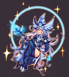 1girl absurdres blue_dress commission dress duel_monster gloomy_sundae gloves grey_hair hat highres hip_vent holding holding_staff long_hair silent_magician simple_background smile sparkle staff tabard vgen_commission white_gloves white_hat white_tabard wizard_hat yu-gi-oh!