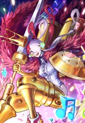 absurdres armor armored_boots behind-the-head_headphones boots buckler center_frills collared_leotard crown feet_out_of_frame frills full_body gauntlets gold_armor gold_boots gold_crown hair_over_one_eye hair_rings headphones highres holding holding_polearm holding_shield holding_weapon lance leotard lin_(cloverholic) looking_at_viewer multicolored_hair musical_note musical_staff one_piece one_piece_film:_red open_mouth polearm purple_eyes red_hair shield simple_background smile solo split-color_hair teeth twintails two-tone_hair upper_teeth_only uta_(one_piece) weapon white_hair white_leotard