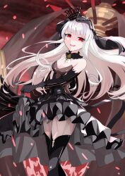 1girl absurdres azur_lane bare_shoulders black_dress black_gloves black_veil crown dress elbow_gloves fishnet_fabric gloves highres latex latex_dress latex_thighhighs long_hair looking_at_viewer mini_crown queen_elizabeth_(azur_lane) queen_elizabeth_(meta)_(azur_lane) red_eyes sakamoto_(slopepepepe) solo strapless strapless_dress thighhighs veil very_long_hair white_hair zettai_ryouiki