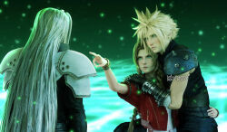 1girl 2boys 3d aerith_gainsborough aqua_eyes arm_around_back arm_around_shoulder armor armored_gloves artist_name bandaged_arm bandages bangle belt black_coat blonde_hair blue_pants blush bracelet braid braided_ponytail brown_hair cloud_strife coat earrings final_fantasy final_fantasy_vii final_fantasy_vii_remake frown green_eyes grey_hair hand_on_another&#039;s_shoulder highres jacket jewelry lifestream long_hair meme multiple_belts multiple_boys pants parted_bangs pauldrons pointing protected_kevin_hart_(meme) real_husbands_of_hollywood red_jacket sephiroth short_hair shoulder_armor sidelocks single_braid single_earring single_pauldron sleeveless sleeveless_turtleneck solarasona spiked_hair turtleneck