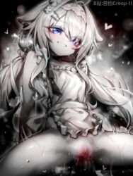 Rule 34 | 1boy, 1girl, animal ears, apron, artist name, bilibili username, blue eyes, blur censor, breasts, censored, chinese commentary, commentary request, commission, frilled apron, frills, greyscale, grin, hair ornament, hairclip, heart, hetero, highres, indie virtual youtuber, kupa (jesterwii), long hair, low twintails, monochrome, naked apron, paid reward available, parallel hairclips, parted lips, penis, pussy, pussy juice, sex, small breasts, smile, solo focus, spot color, twintails, vaginal, virtual youtuber